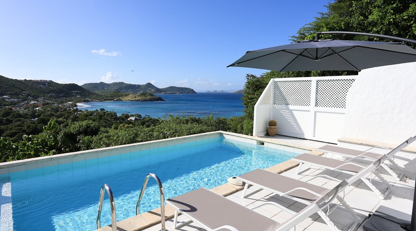 Stunning infinity pool overlooking the azure Caribbean coastline, surrounded by lush tropical hills and pristine beaches.