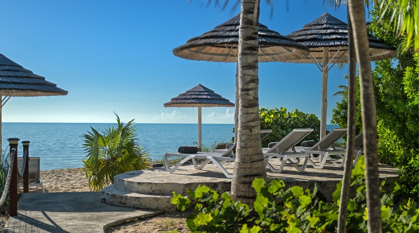 Private beachfront paradise with lounge chairs under palm-thatched umbrellas, where turquoise waters meet pristine sand just steps from your door.