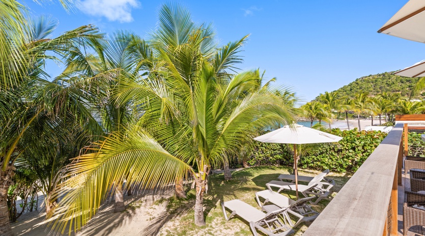 Tropical paradise awaits with swaying palms, beach loungers, and pristine coastline stretching beyond lush gardens.