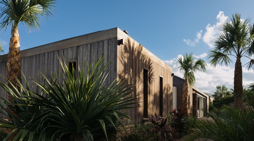 Modern tropical architecture blends seamlessly with lush palm gardens under sunny blue skies.