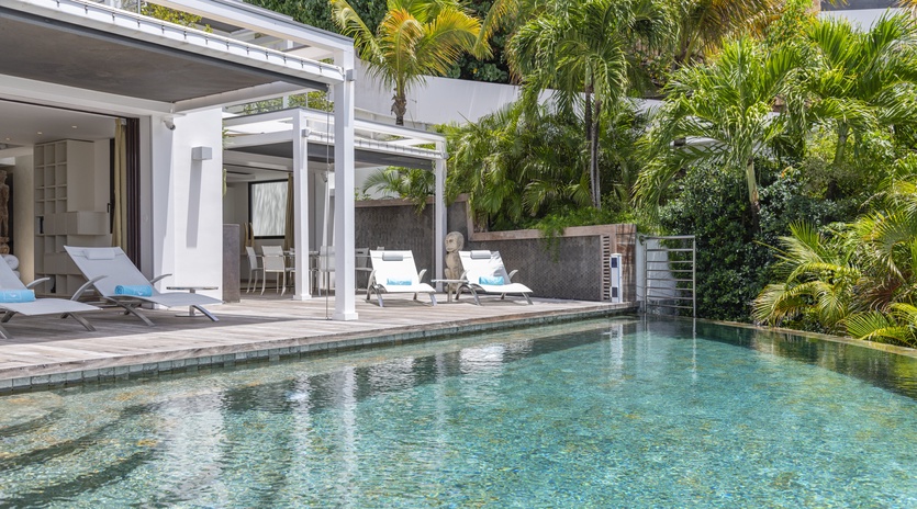 A sparkling private pool surrounded by lush tropical palms awaits your relaxation, with white loungers and covered dining areas just steps from modern interiors.
