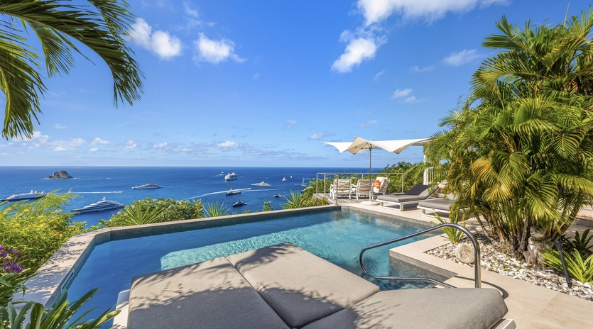Private infinity pool with panoramic ocean views, tropical palms, and luxury lounging areas create the perfect Caribbean escape.