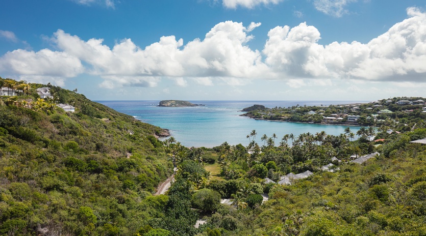 Stunning aerial view of turquoise bay surrounded by lush tropical hills and scattered island homes.