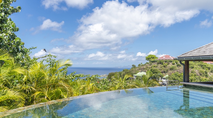 Swim in your private infinity pool as you gaze over lush tropical palms toward the sparkling Caribbean Sea stretching to the horizon.