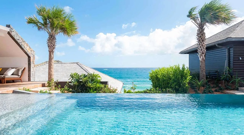 A stunning infinity pool overlooks turquoise Caribbean waters, framed by swaying palm trees and tropical landscaping under a brilliant blue sky.