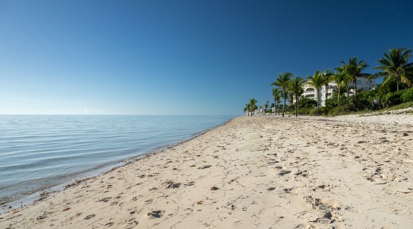 Pristine beachfront stretches along calm waters, with palm-lined properties creating a tropical coastal setting under clear blue skies.