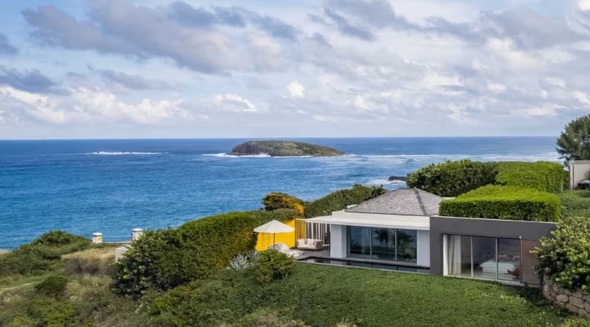 This stunning modern property sits on a coastal hillside overlooking the sparkling ocean, with a private island visible just offshore and lush native landscaping framing the sleek architecture.
