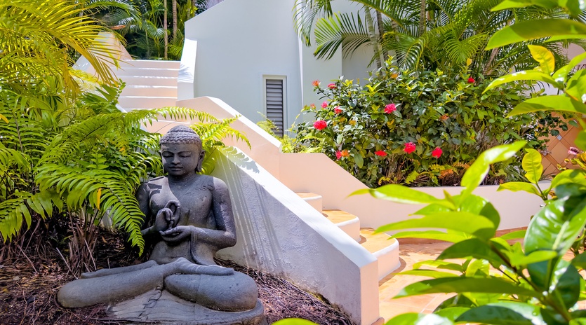 Discover your own peaceful sanctuary among lush tropical gardens. A serene Buddha statue nestled beneath swaying palms and vibrant hibiscus invites you to unwind and find tranquility during your stay.