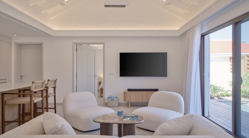 Relax in your bright, modern living space with plush seating, entertainment center, and peaceful garden views through floor-to-ceiling windows.