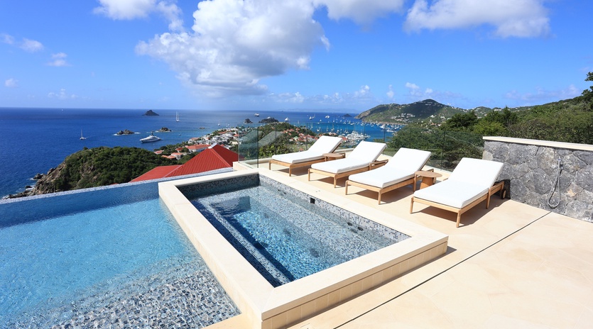 Private infinity pool with panoramic Caribbean views and luxury loungers for your ultimate relaxation retreat.