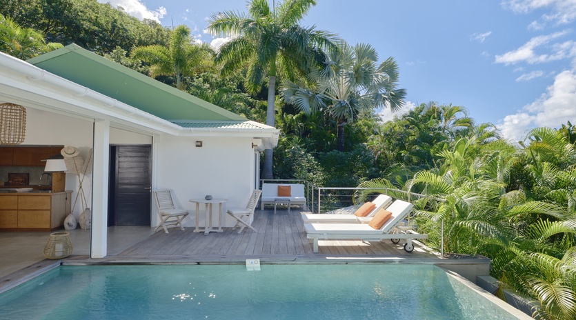 Luxurious tropical villa with crystal-clear pool surrounded by lush palm trees—an exclusive paradise retreat.