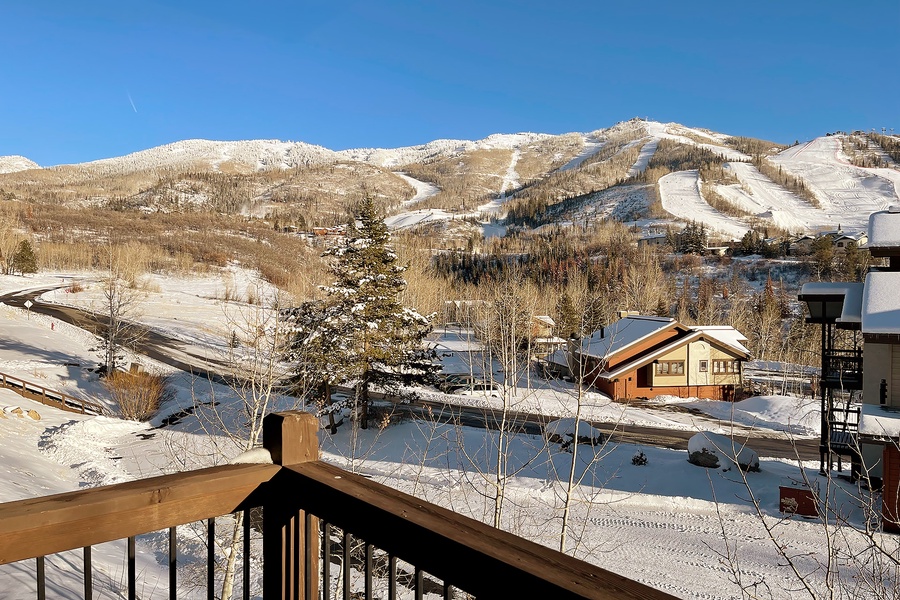 Snow-covered mountains with ski runs surround this vacation rental area. The property offers convenient access to winter sports and mountain scenery during the snowy season.