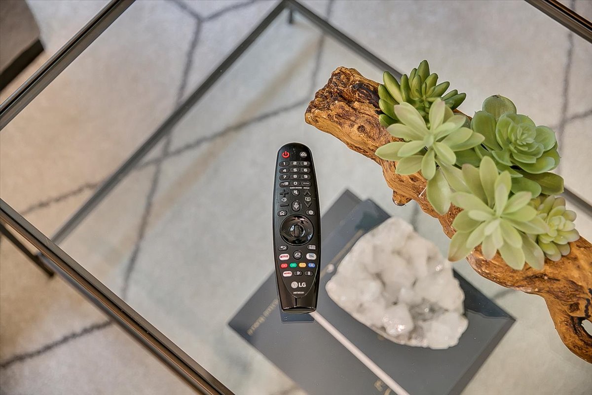 Relax in your stylish living space with modern touches like smart TV control and charming succulents on your glass coffee table.