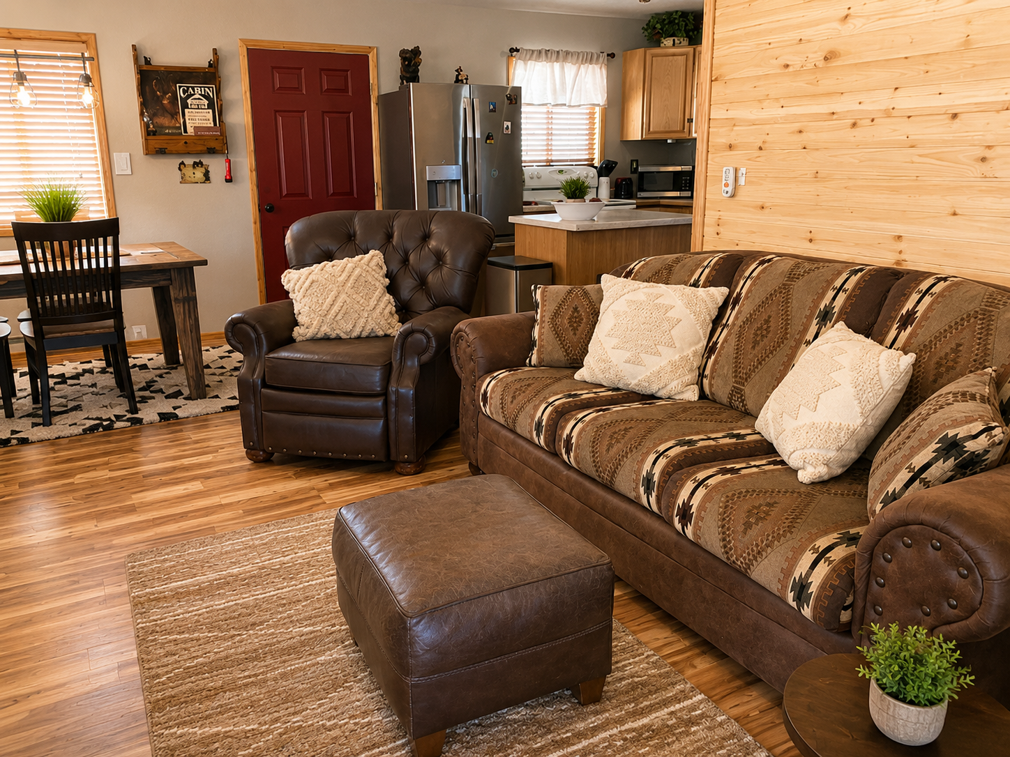 Sink into plush seating and feel the warmth of natural wood surrounding you in this open-concept living space, where rustic charm meets modern comfort for your mountain retreat.