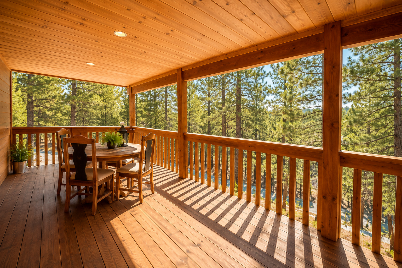 Enjoy peaceful morning coffee on your private covered deck, surrounded by towering pines and fresh mountain air—perfectly framed by warm wood and serene forest views.