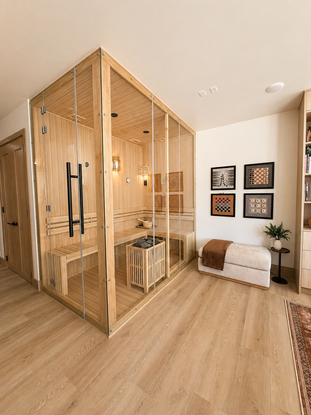 Step into your private sauna after a long day exploring. The sleek glass-walled design brings spa luxury into your space, with warm wood benches and soft lighting inviting you to unwind completely.