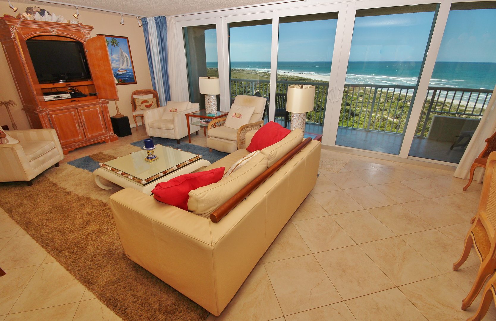The beach is visible from the living room