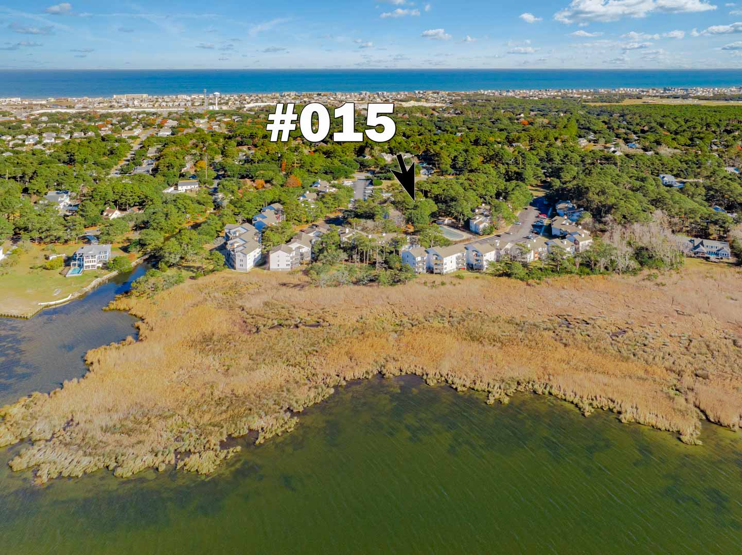 Aerial view reveals property #015's prime location between coastal waterways and the ocean, nestled among lush trees in this scenic beachside community.