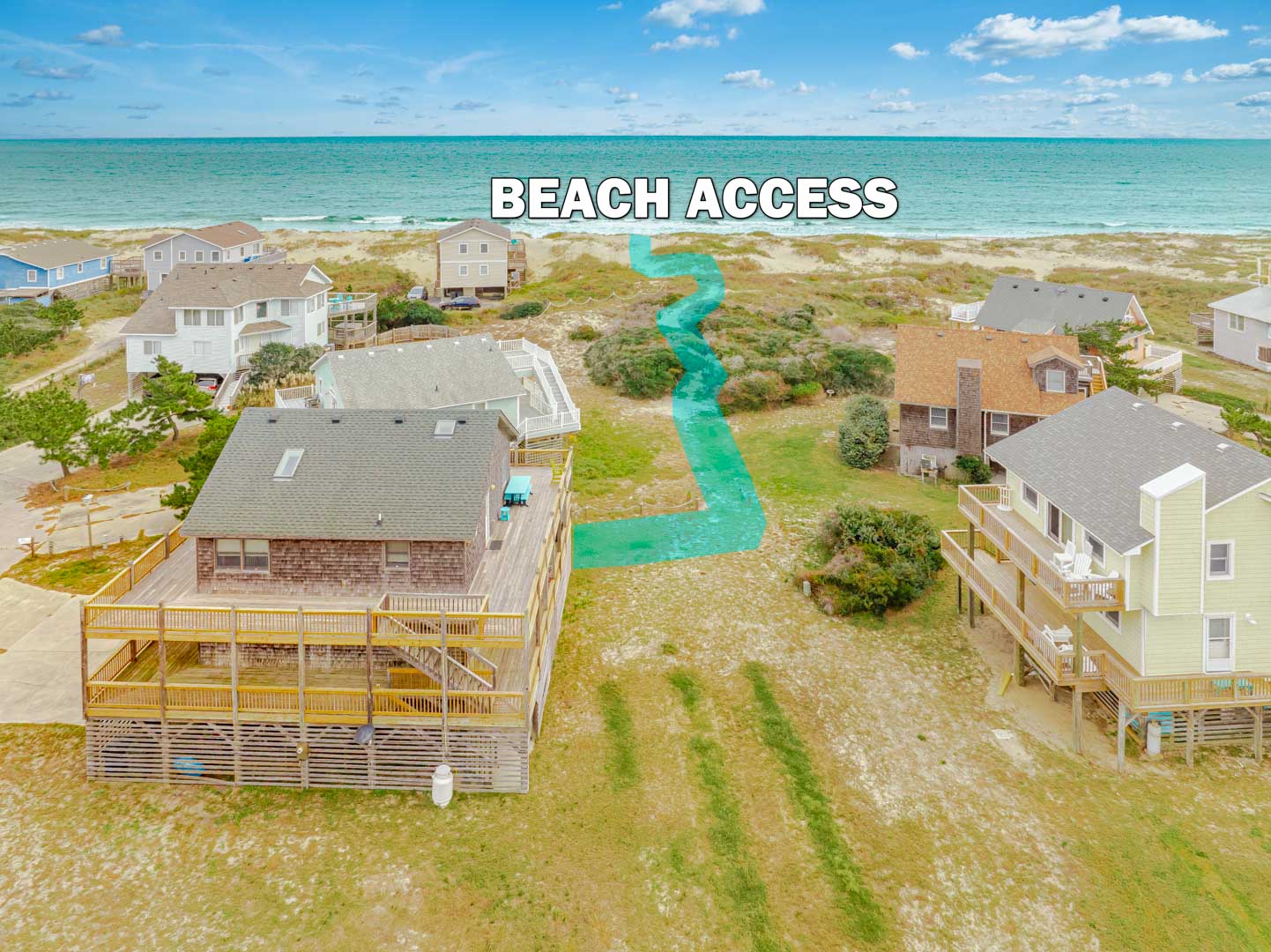 Aerial view shows beachfront vacation homes with direct beach access pathway highlighted in turquoise.