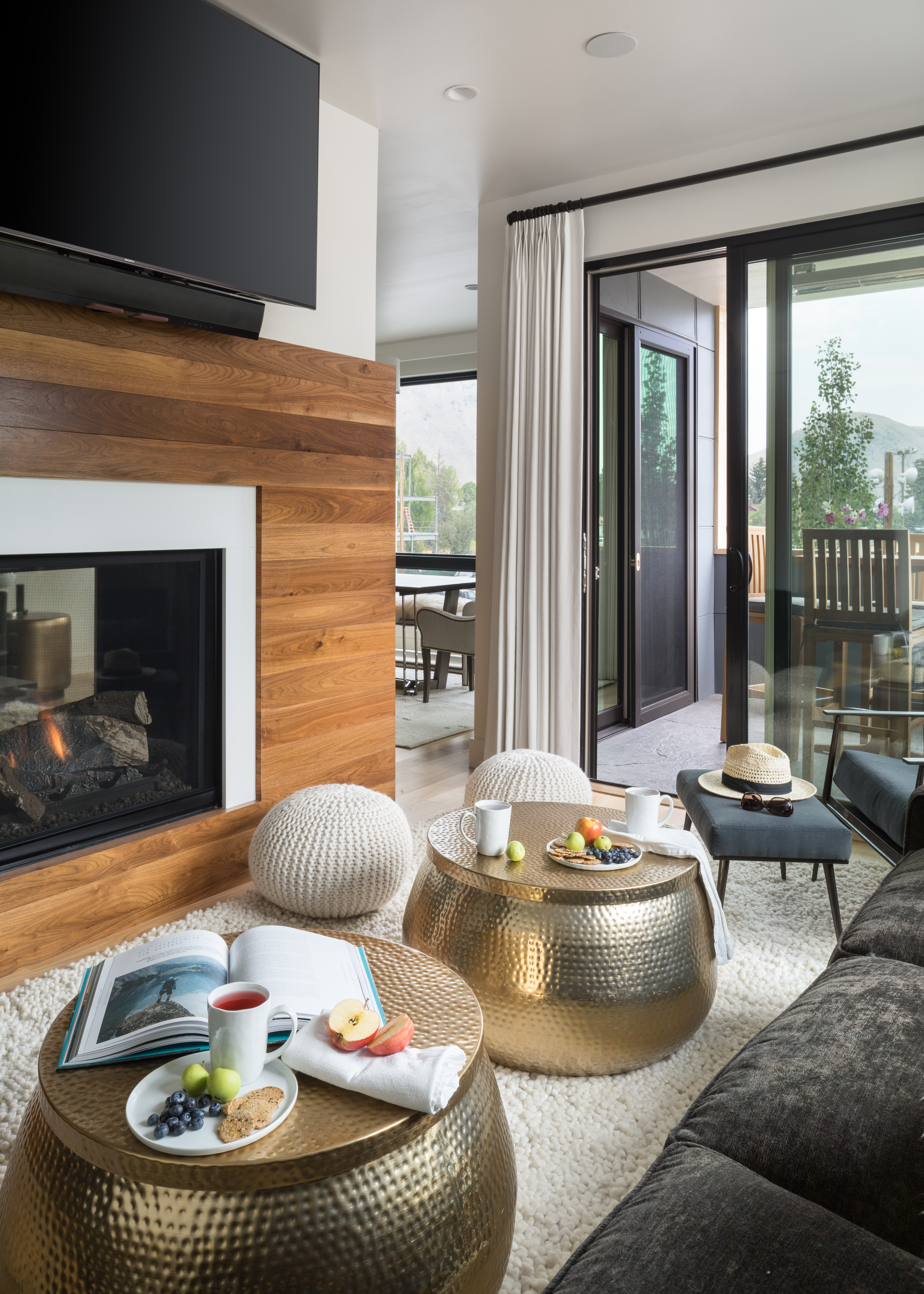 Living room on one side of the fireplace