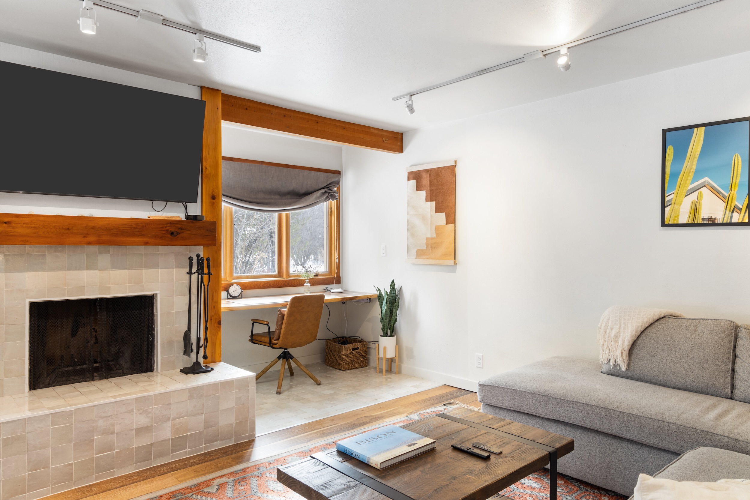 Living Room with Fireplace and Desk