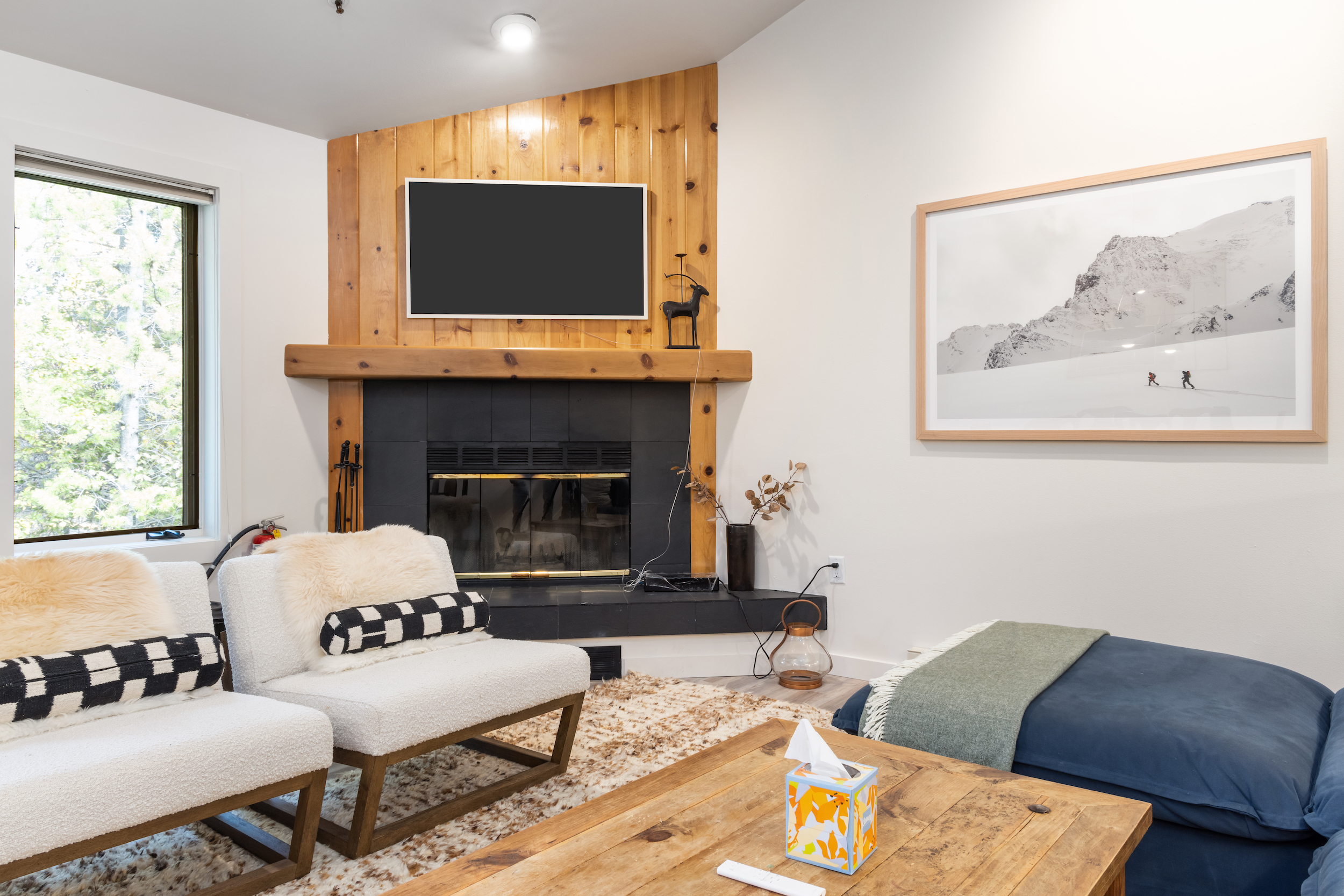 Living Room with wood burning fireplace