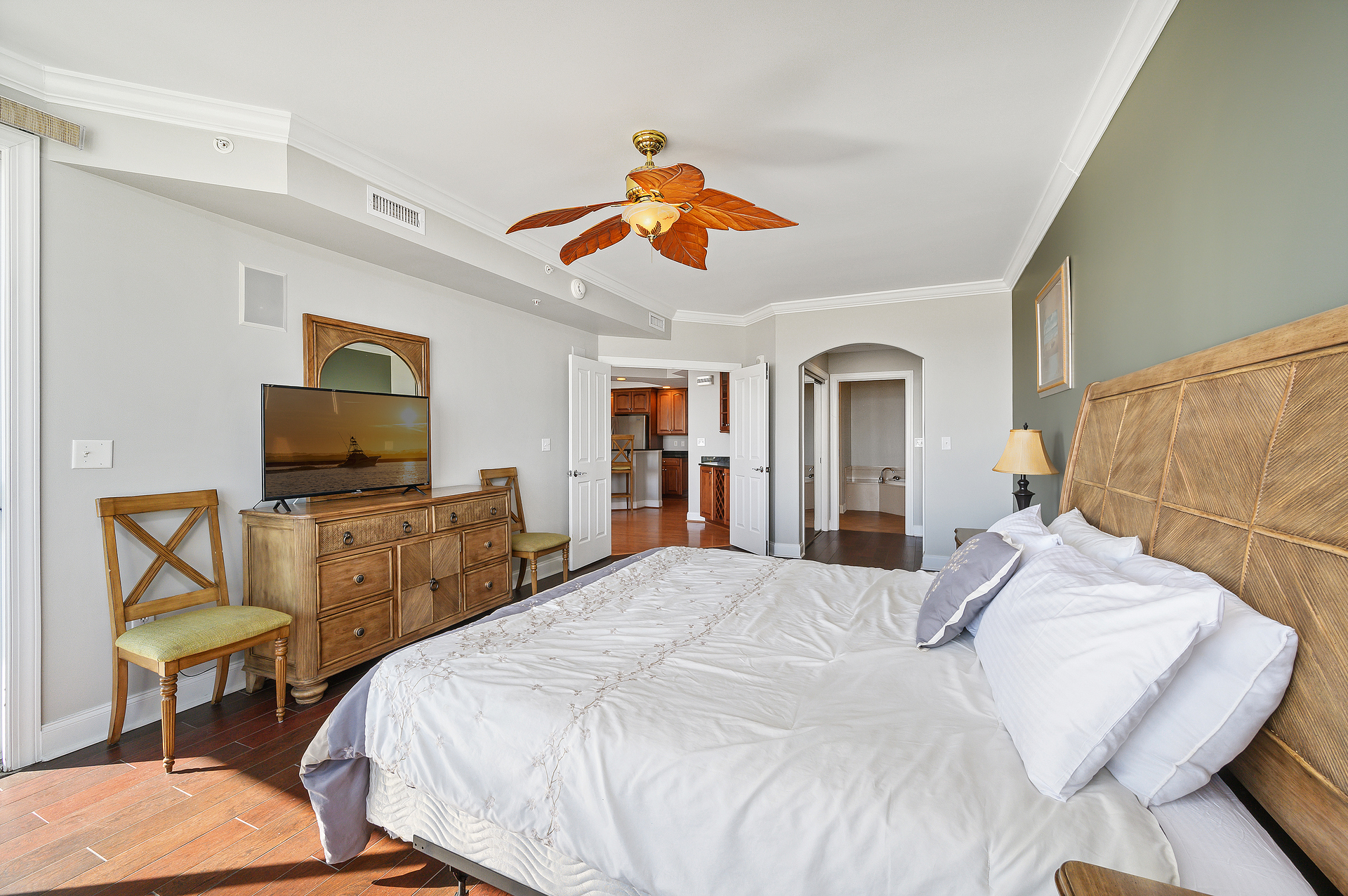 A Lavish King Bed and Flat Screen TV provide a calming Retreat.