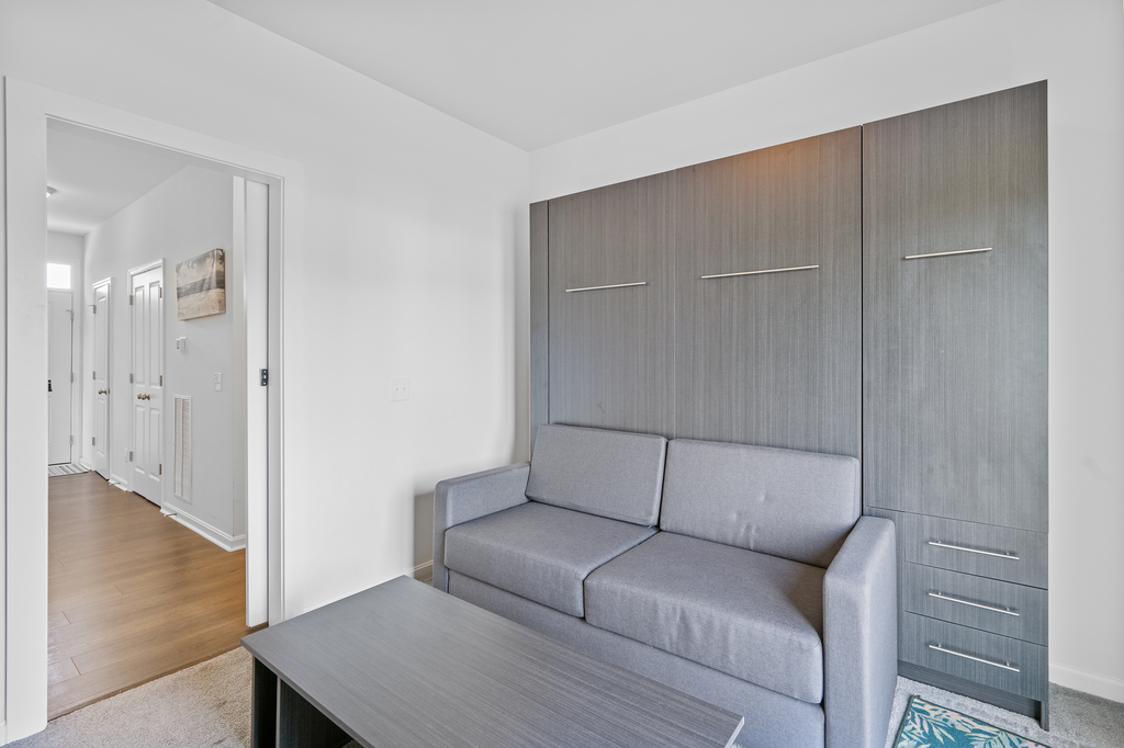 When the Murphy Bed is up, there is a couch perfect for watching a movie or the big game!