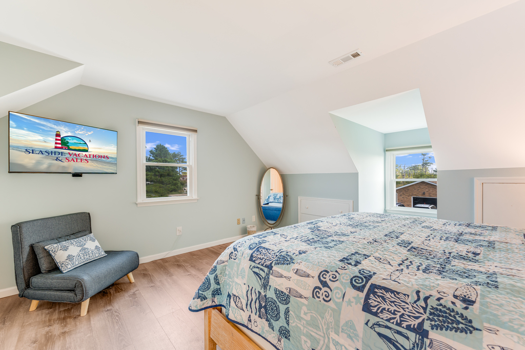 Decked out in beachy blues, there's also a Sleeper Chair if needed.