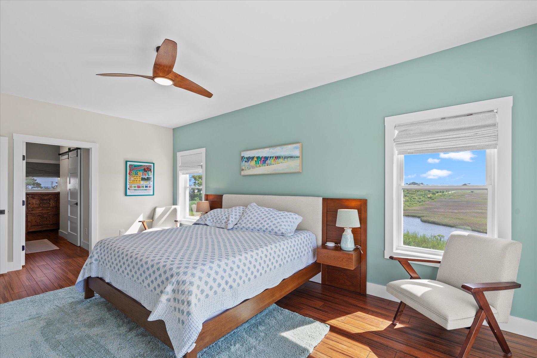 Colors of Sand and Sea Glass, and a comfy King Bed.