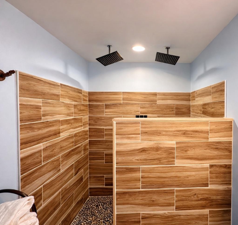 A closer look at the beautifully updated, custom-tiled master shower oasis.