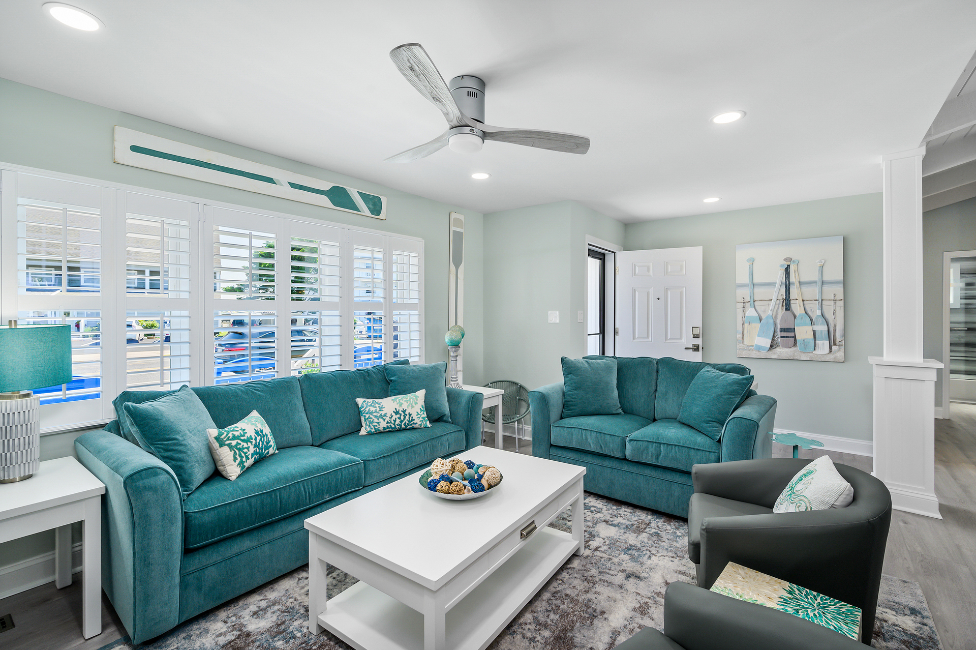 Gorgeous tones of blue will welcome you to your beach vacation home!