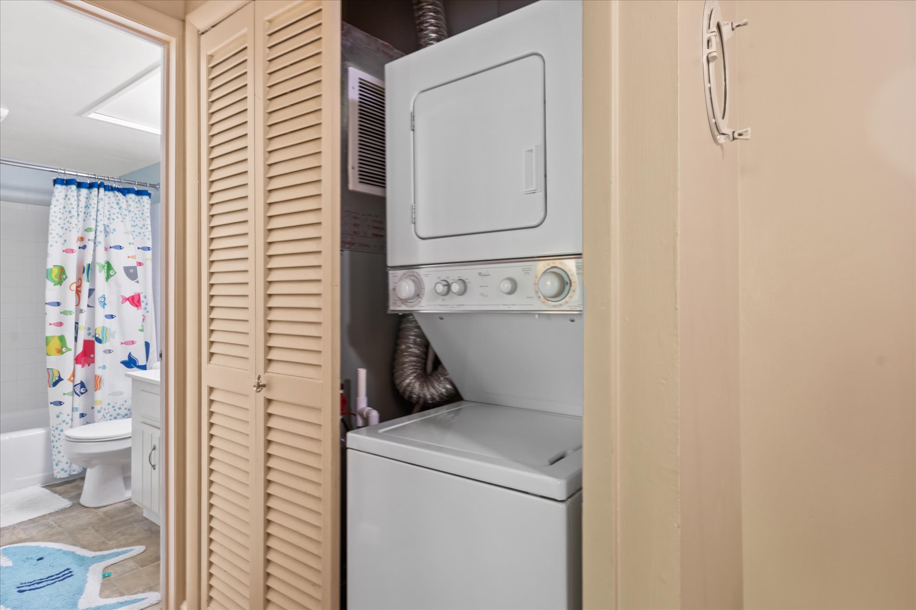 Stacked Washer/Dryer in the home for your use.