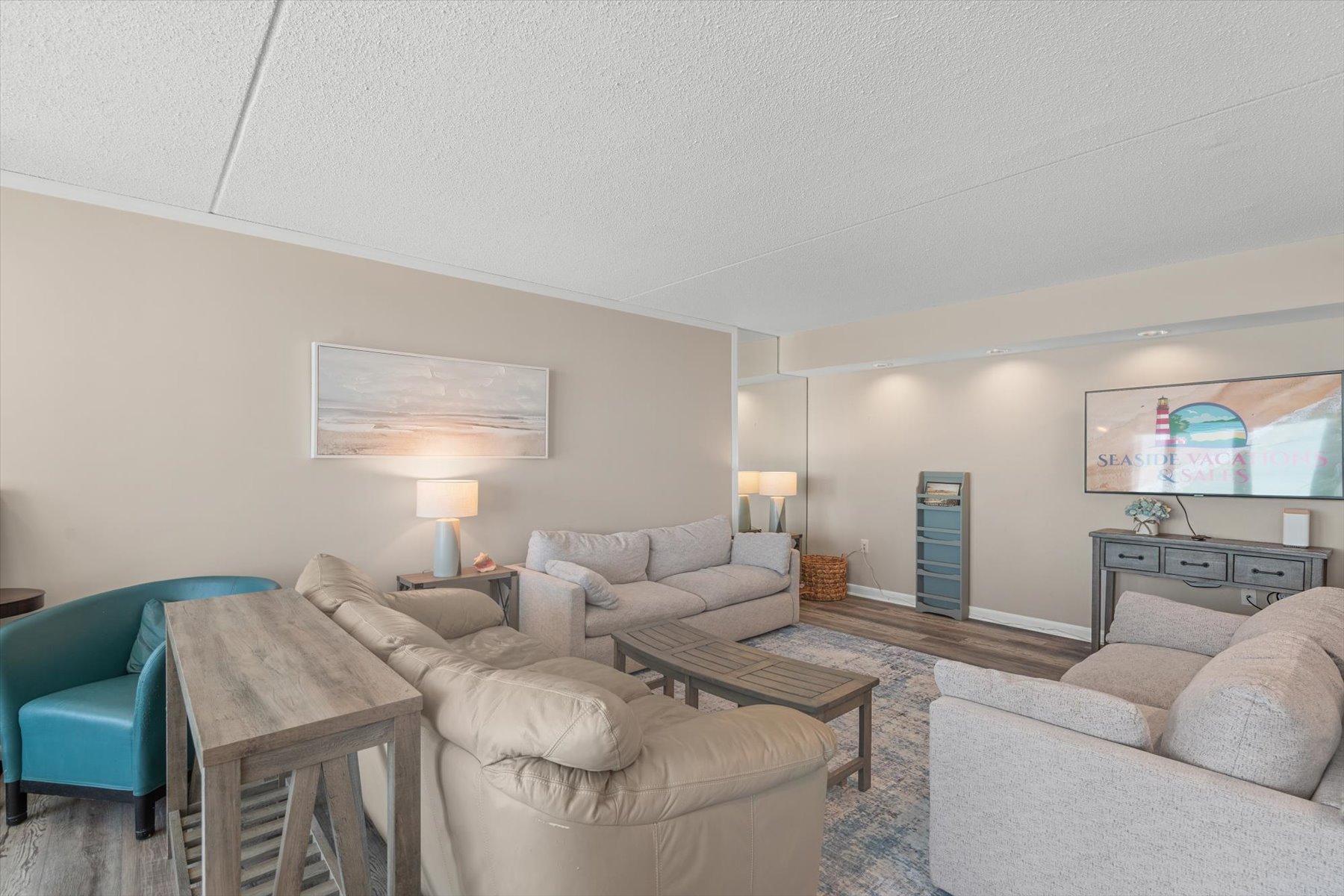 A cozy and beautifully lit entertainment space designed for ultimate vacation relaxation.