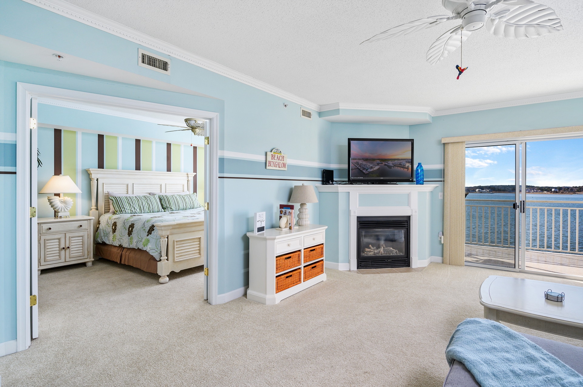 Stream a movie or watch the water right from the Living Room *Fireplace is decorative Only*