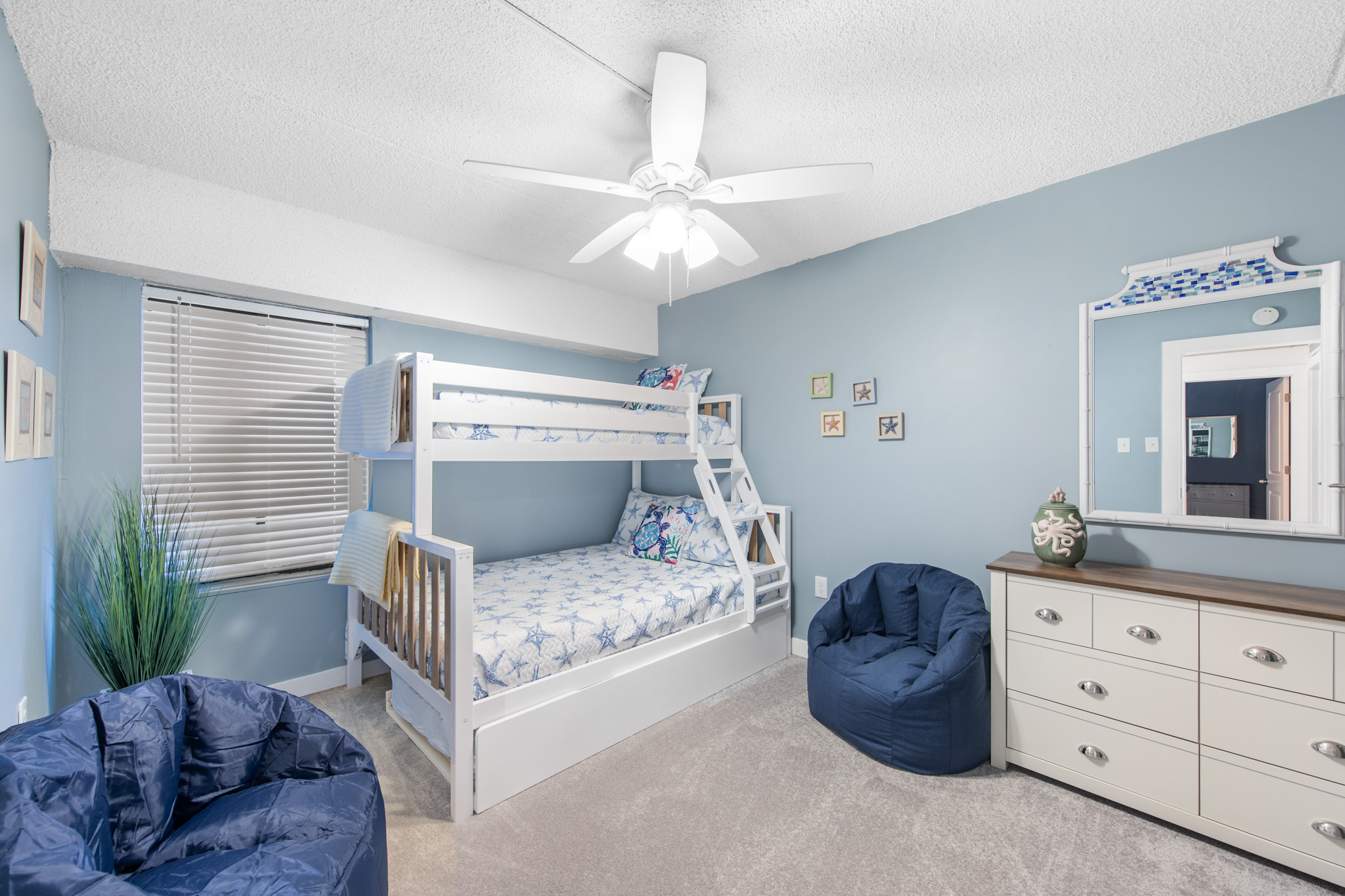 Bedroom 3 is perfect for your special little loved ones with a fun decor and a Pyramid Bunk