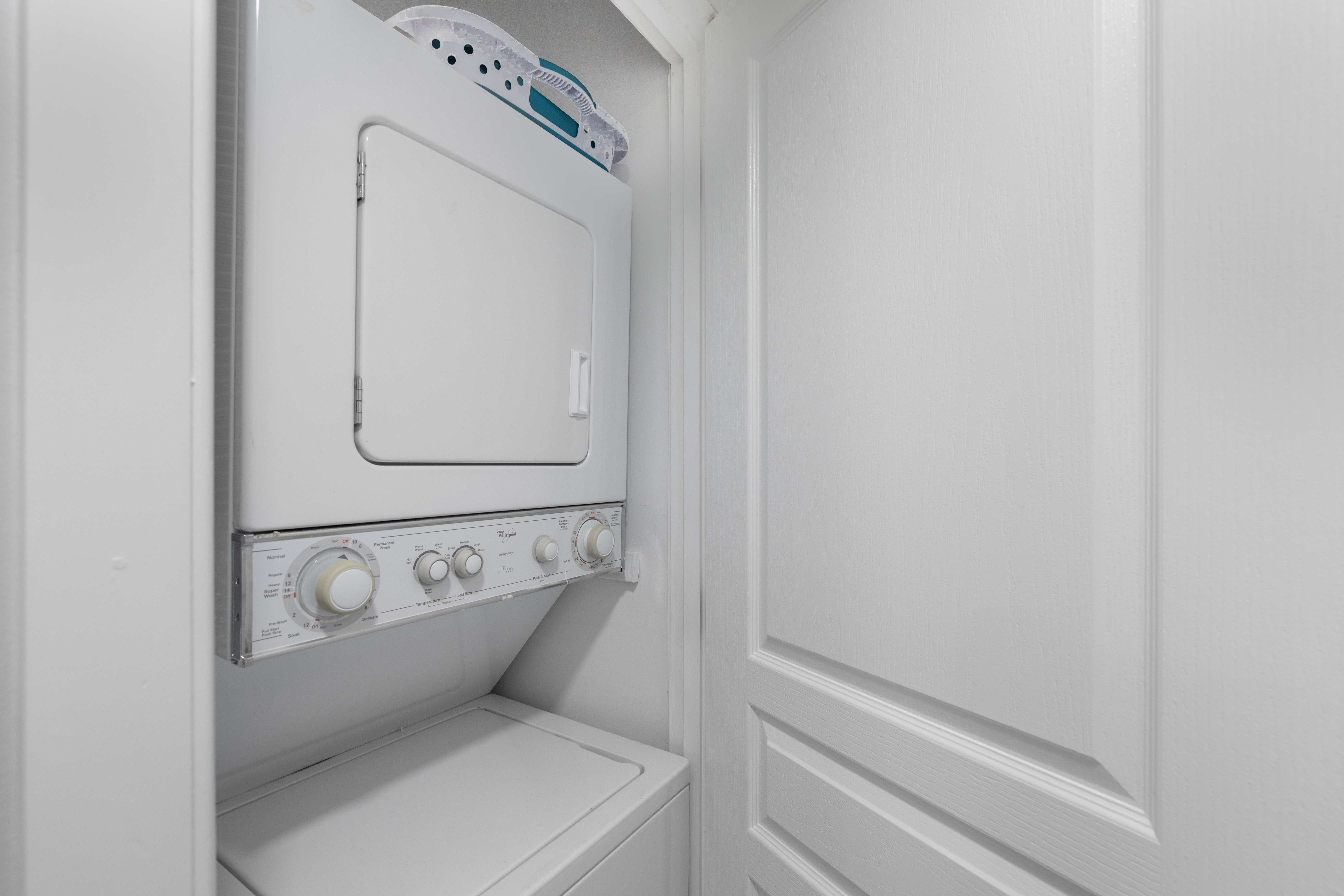 Full size stackable washer and dryer for your convenience.