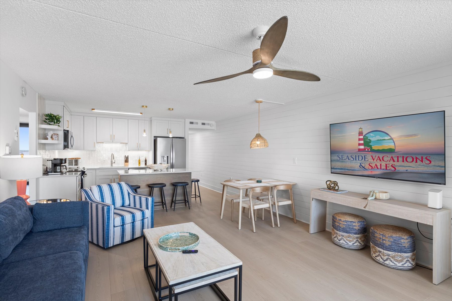 Sunlit living room with contemporary costal design.