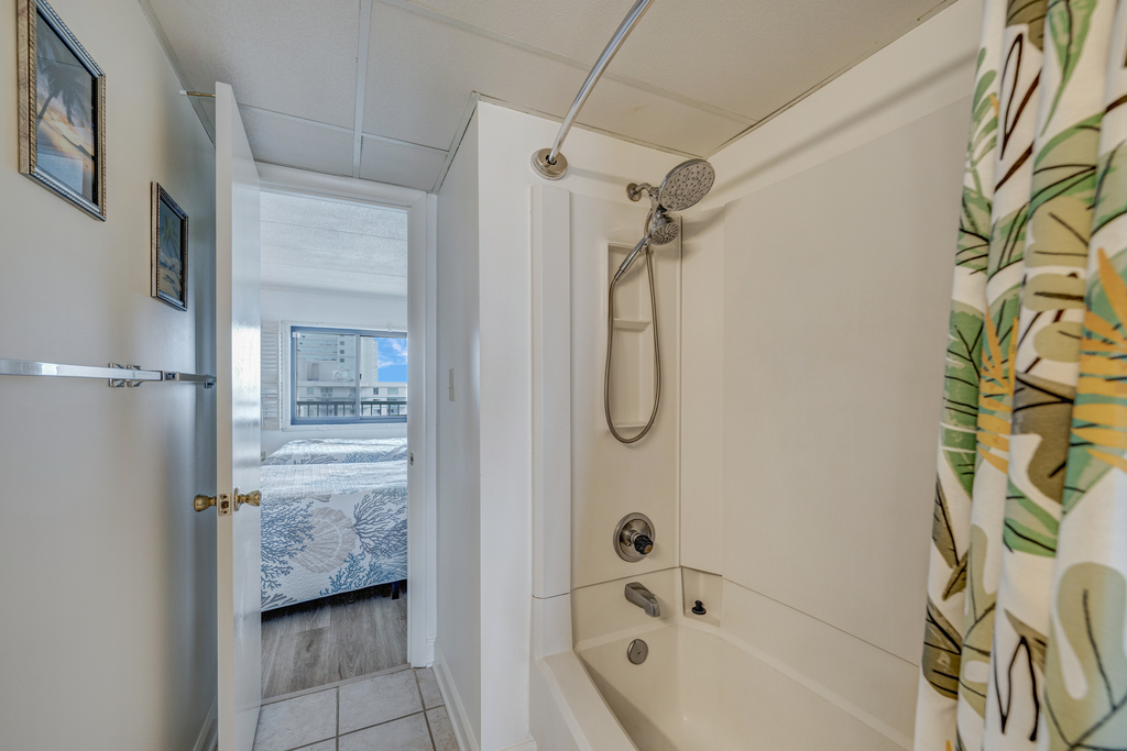 The convenient Shower/Tub Combo is a great space to rinse off after a fun day and get ready for a relaxing evening