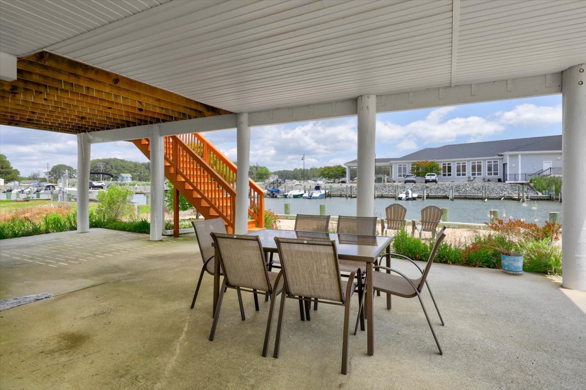 Stairs lead up to the Waterfront Deck.