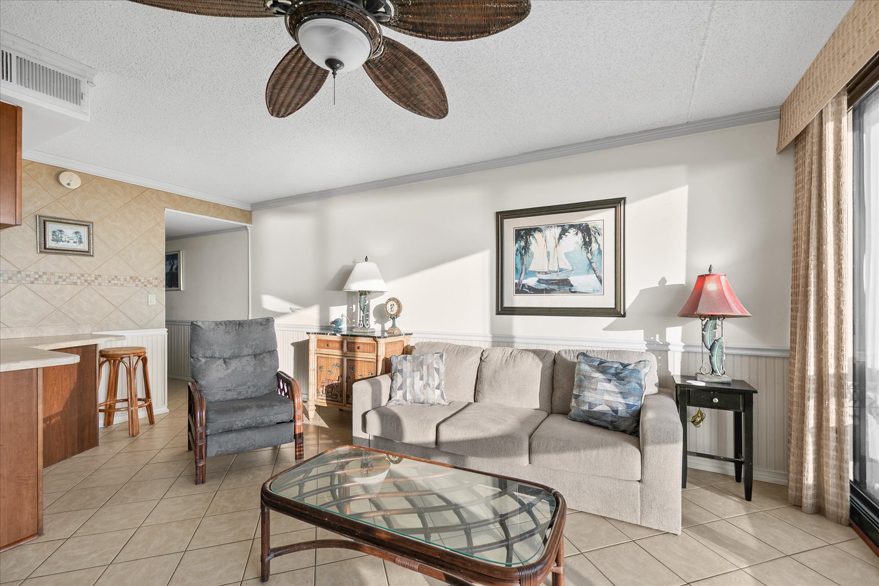 The living room is a great space to relax after a day in the sun