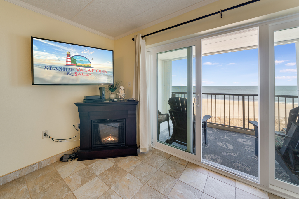Relax by the Electric Fireplace for chilly off-season stays.