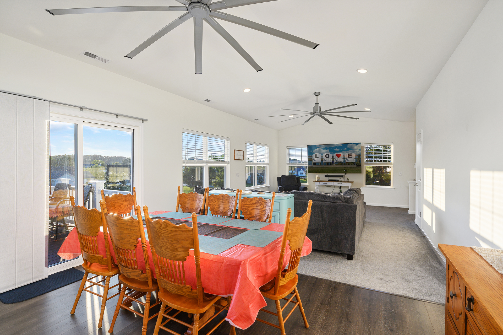 Dine in the comfort of the AC at the large Farmhouse Dining Table.