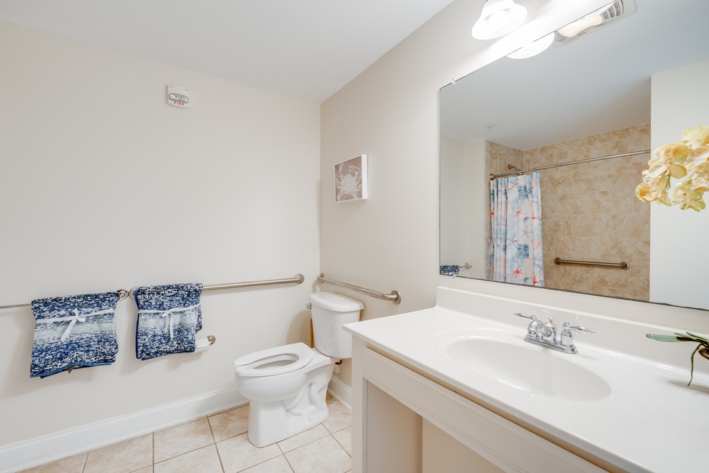 The Shared full bath is handicap friendly with handrails for toilet and the Shower/Tub