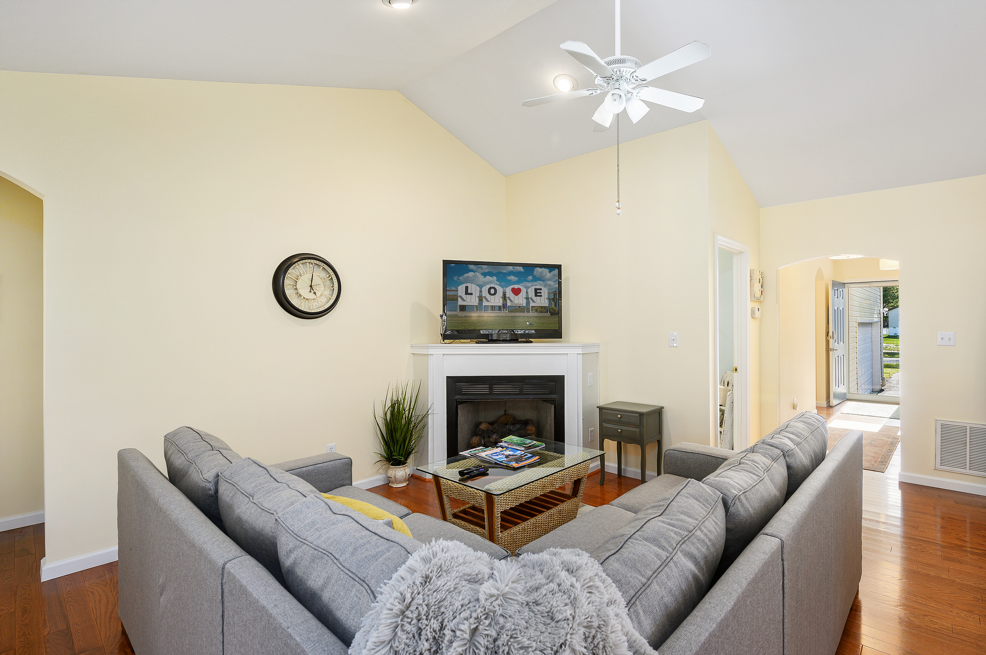 Cozy Fireplace is perfect for chilly off-season stays.