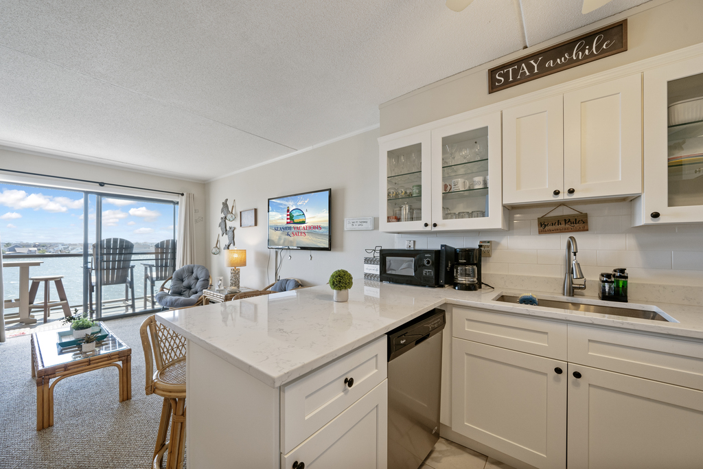 There is plenty of beautiful counter space for cooking in or carry out meals