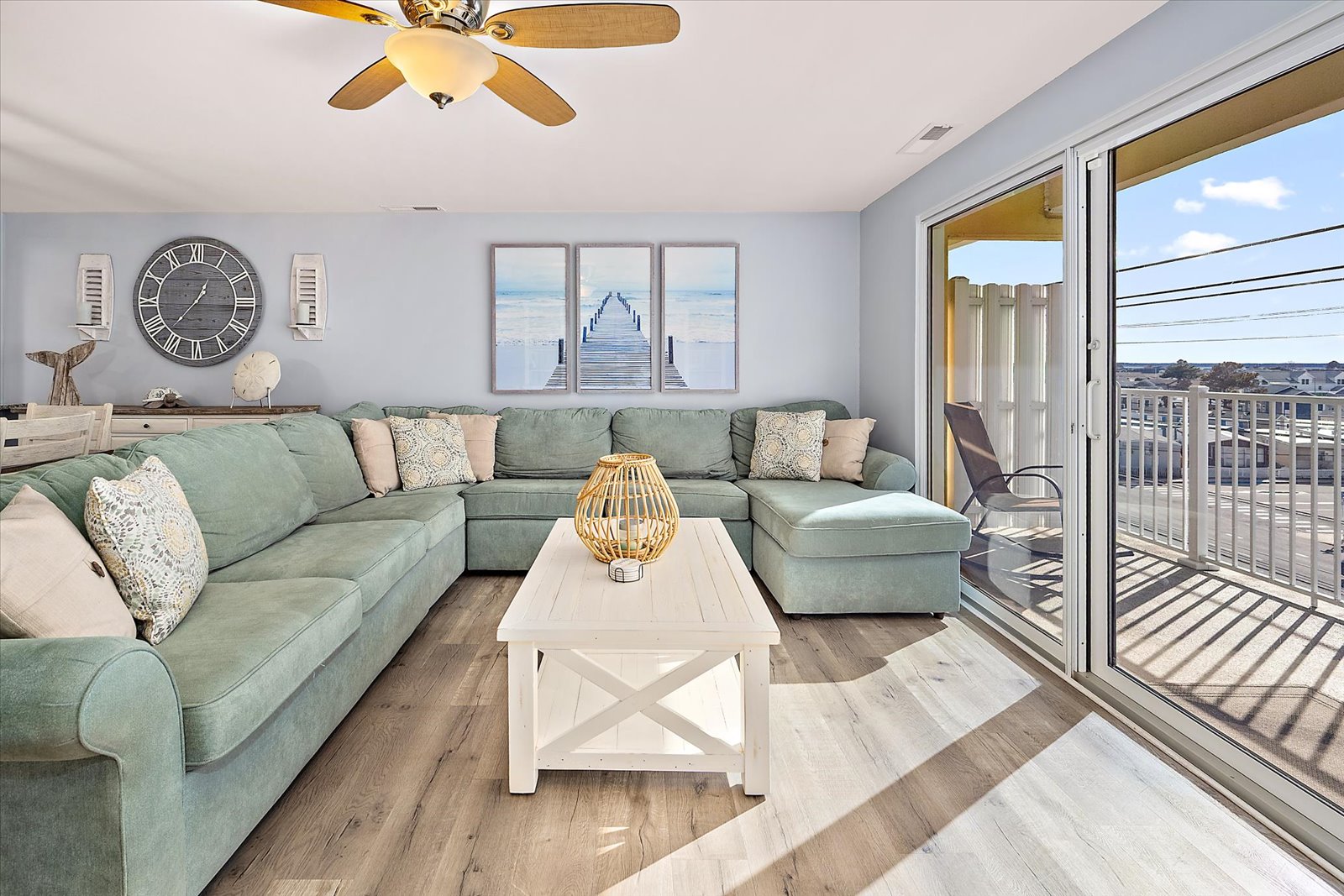Comfortable and stylish seating area; perfect for relaxing after a day at the beach!
