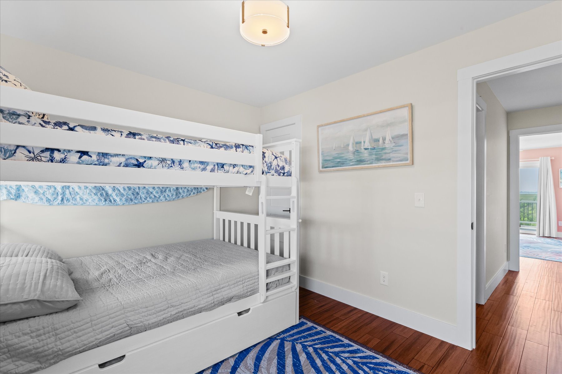 Dressed in beachy blues and whites.