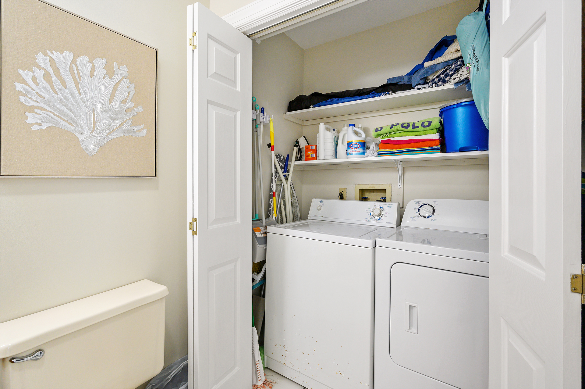 Full Size Washer and Dryer located in Half Bath on 1st Floor.