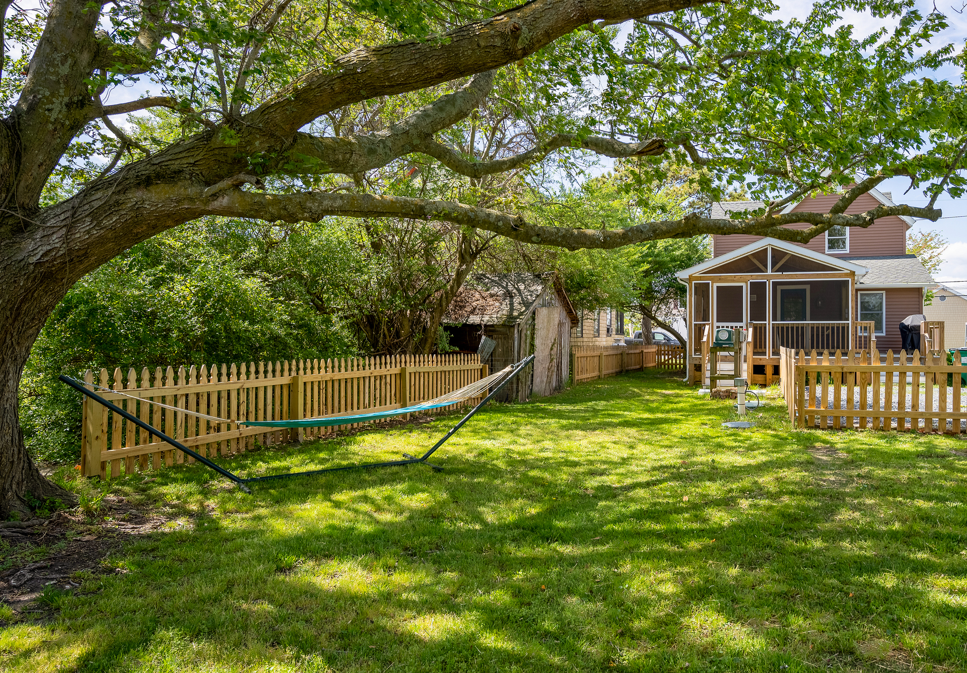 You can chill in the hammock knowing your dog or child can play safely in the Fenced Yard.